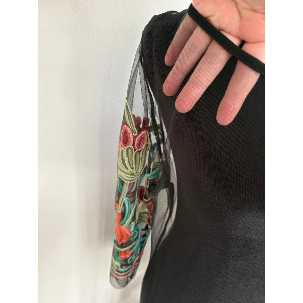 Floral‎ Embroidered Sheer Mesh Overlay Dress Black Long Sleeve Boho Mid Length